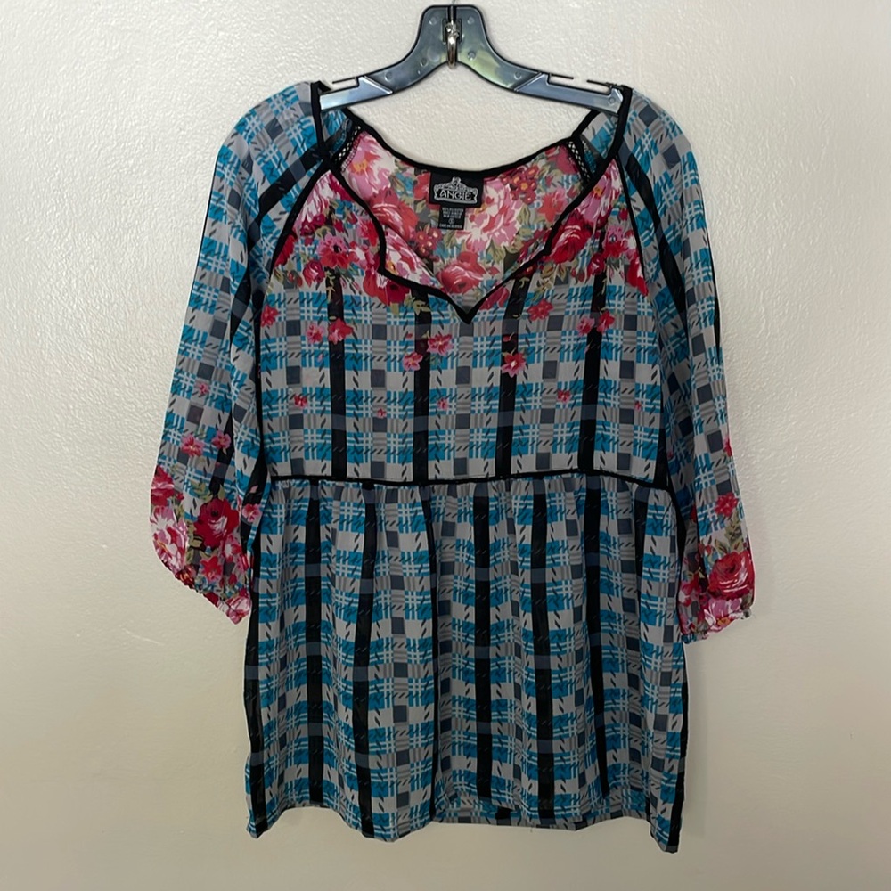 Like New Angie Floral Checkard Sheer Top Small